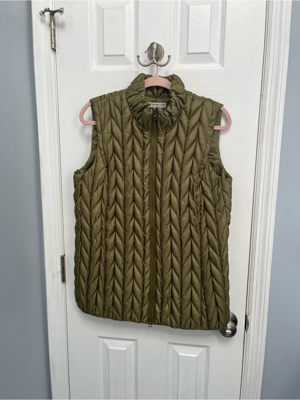 Coldwater Creek green puffer vest chevron quilted M 10 12 Full Zip Metallic